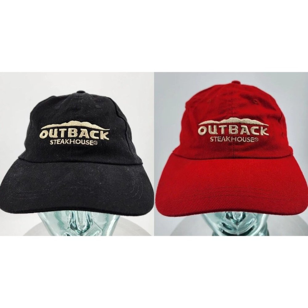 Lot of 2x Outback Steakhouse Employee Baseball Cap Hat Strapback‎ Black Red